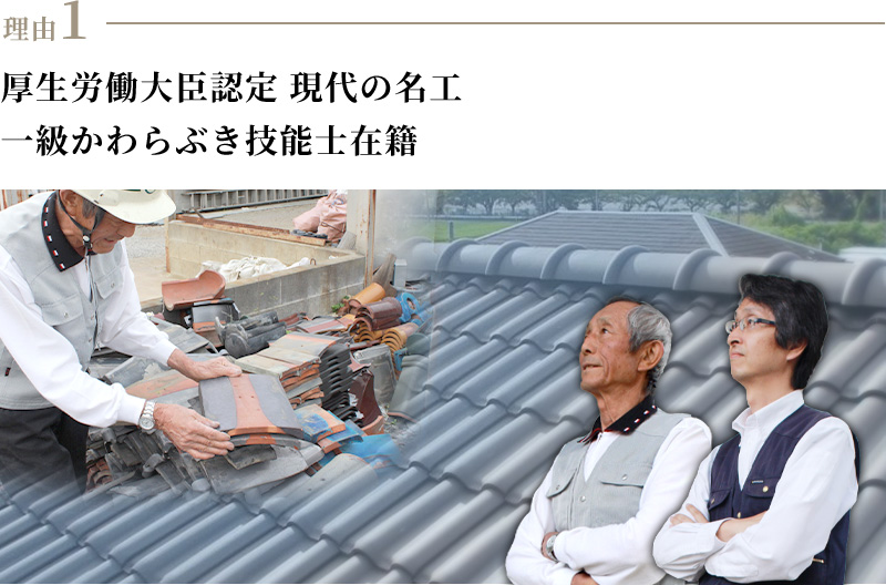 理由1　厚生労働大臣認定 現代の名工　一級かわらぶき技能士在籍